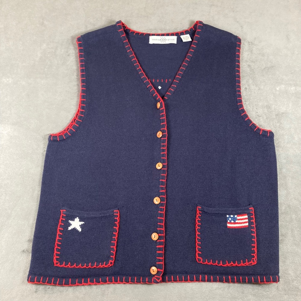 Marisa Christina Vintage Patriotic American Flag Knit Vest Navy Blue XL